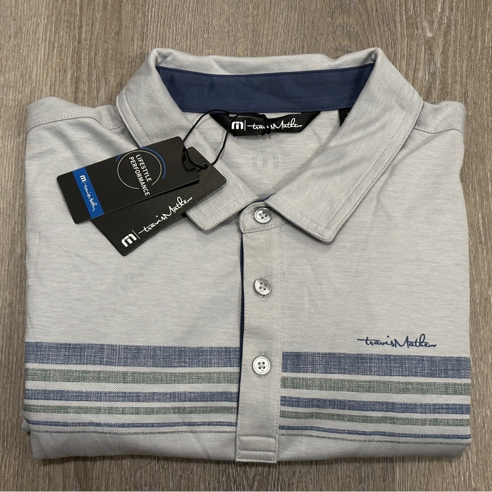 Travis Mathew Polo Shirt Grey Blue Stripe NWT NEW